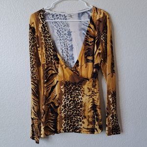 Caché Vintage Animal Tiger Cheetah Print Faux Wrap Top Size Medium